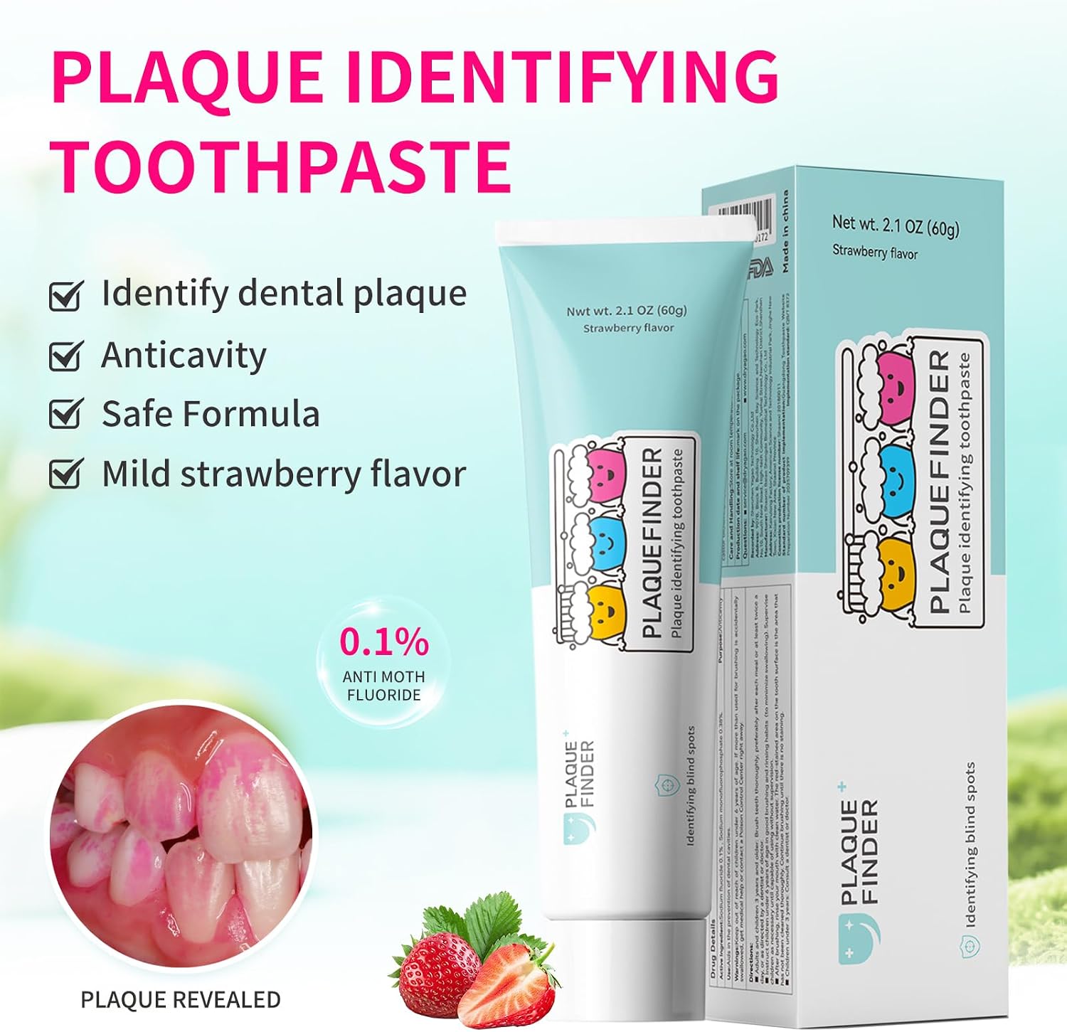 Plaque Disclosing Toothpaste for Kids, Strawberry Flavor with Fluoride, Fun Oral Health Learning Tool for Ages 3+, See & Clean Plaque in One Step, 2.1oz