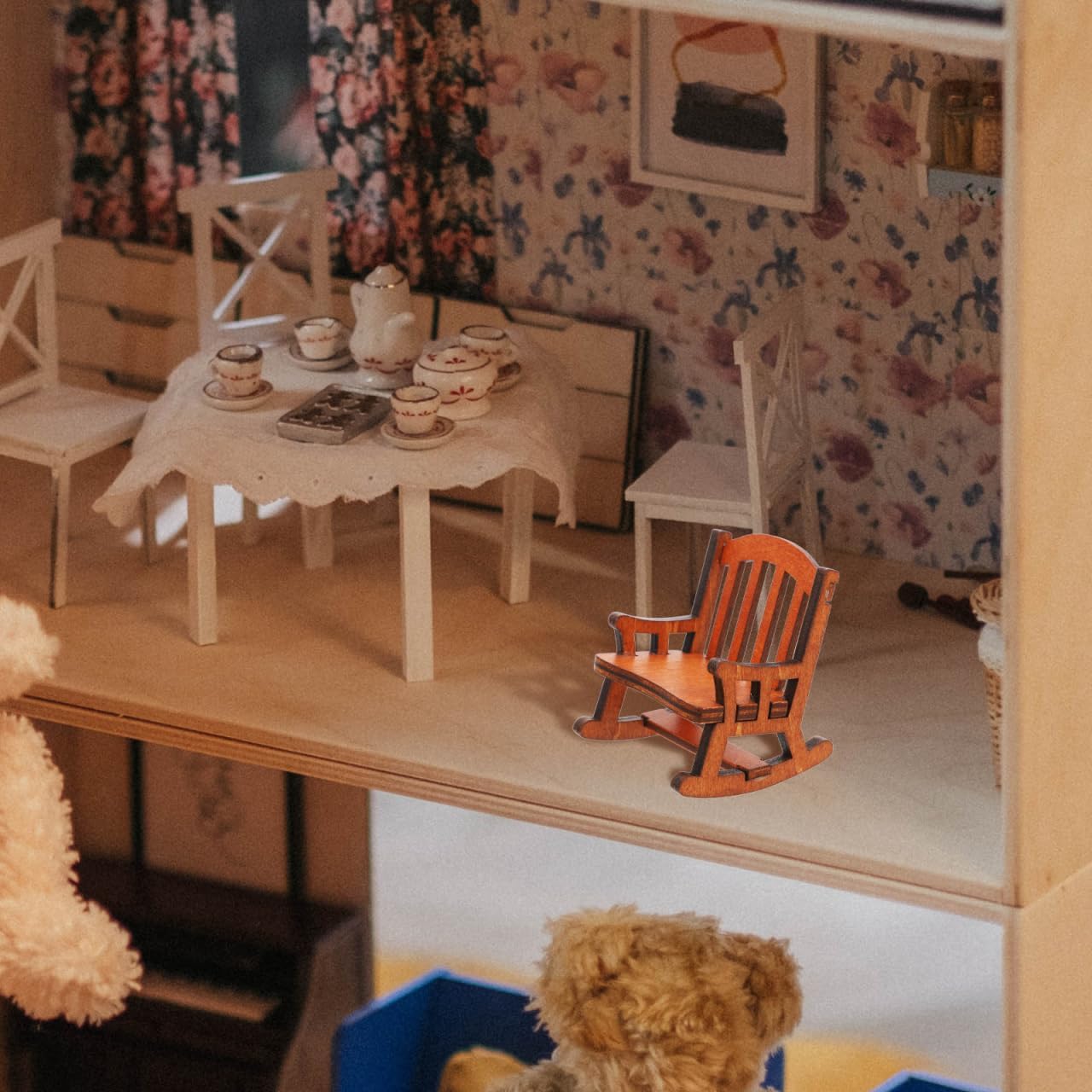 NUOBESTY Miniature Wooden Rocking Chair for Dollhouse Furniture, Brown Timber Ornament for Fairy Garden and Home Decoration, 2.75 x 2.24 x 2.16 Inches