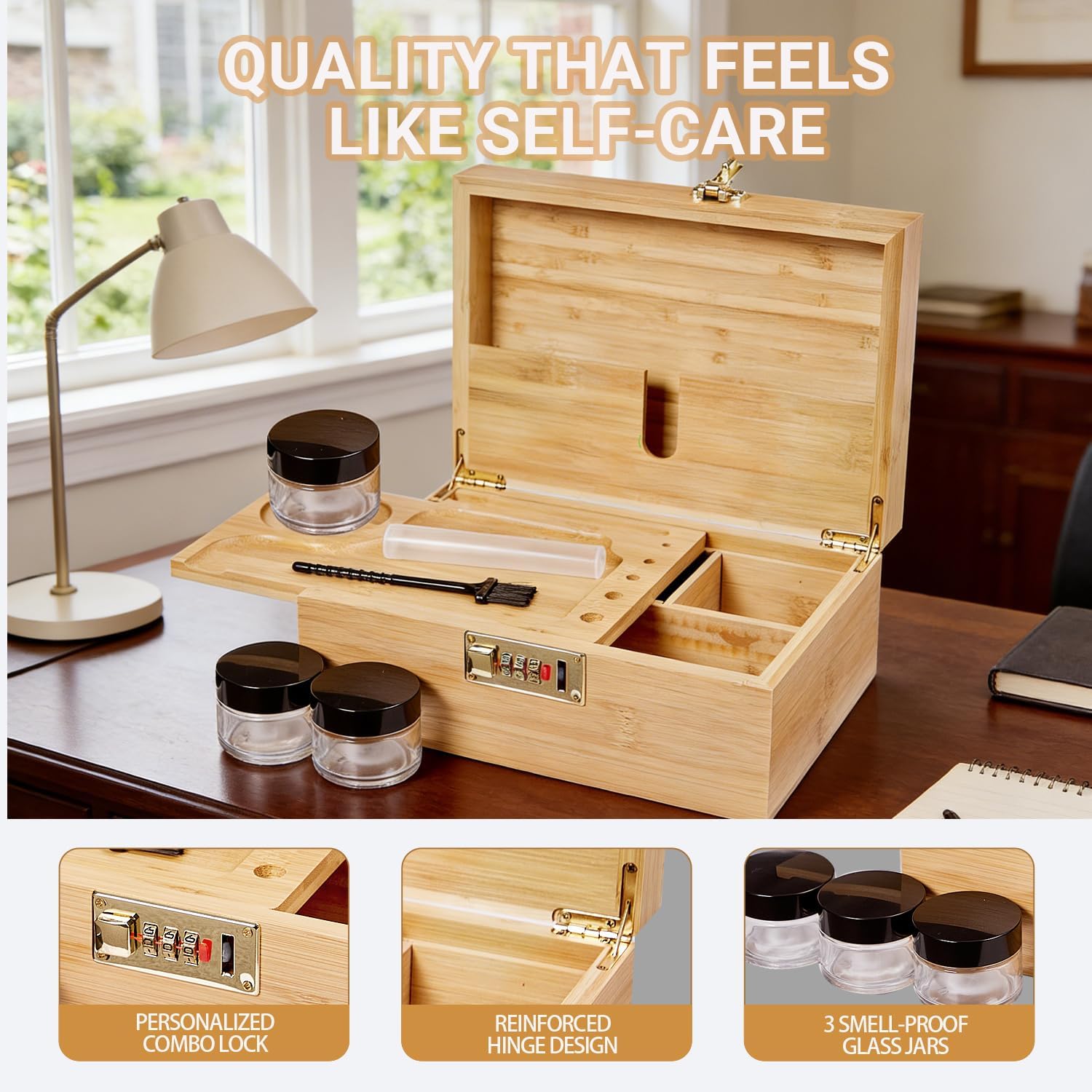 Bamboo decorative box with a removable tray and divided wooden decorative storage box, including jars, brushes, and tubes—odour-resistant home organisation and storage container Natural Wood