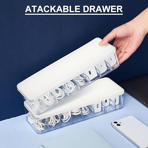 Miniatura 3 de Tatuo Caja organizadora de cables de 2 piezas con lazos para alambres, caja de almacenamiento de cables de plástico con tapa, organizador de
