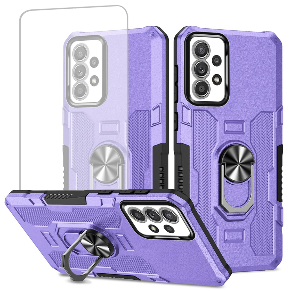 Ueokeird Case for Galaxy A52 Case 4G/5G/Samsung A52S SM-A526U Case with Tempered Glass Screen Protector, Heavy Duty Protection Metal Ring Magnetic