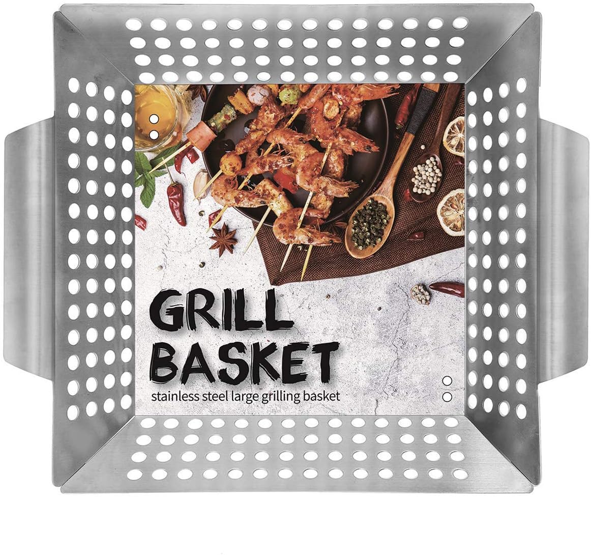Ranphykx Vegetable Grill Basket BBQ Grilling Basket (Large 12"x12"x3") for
