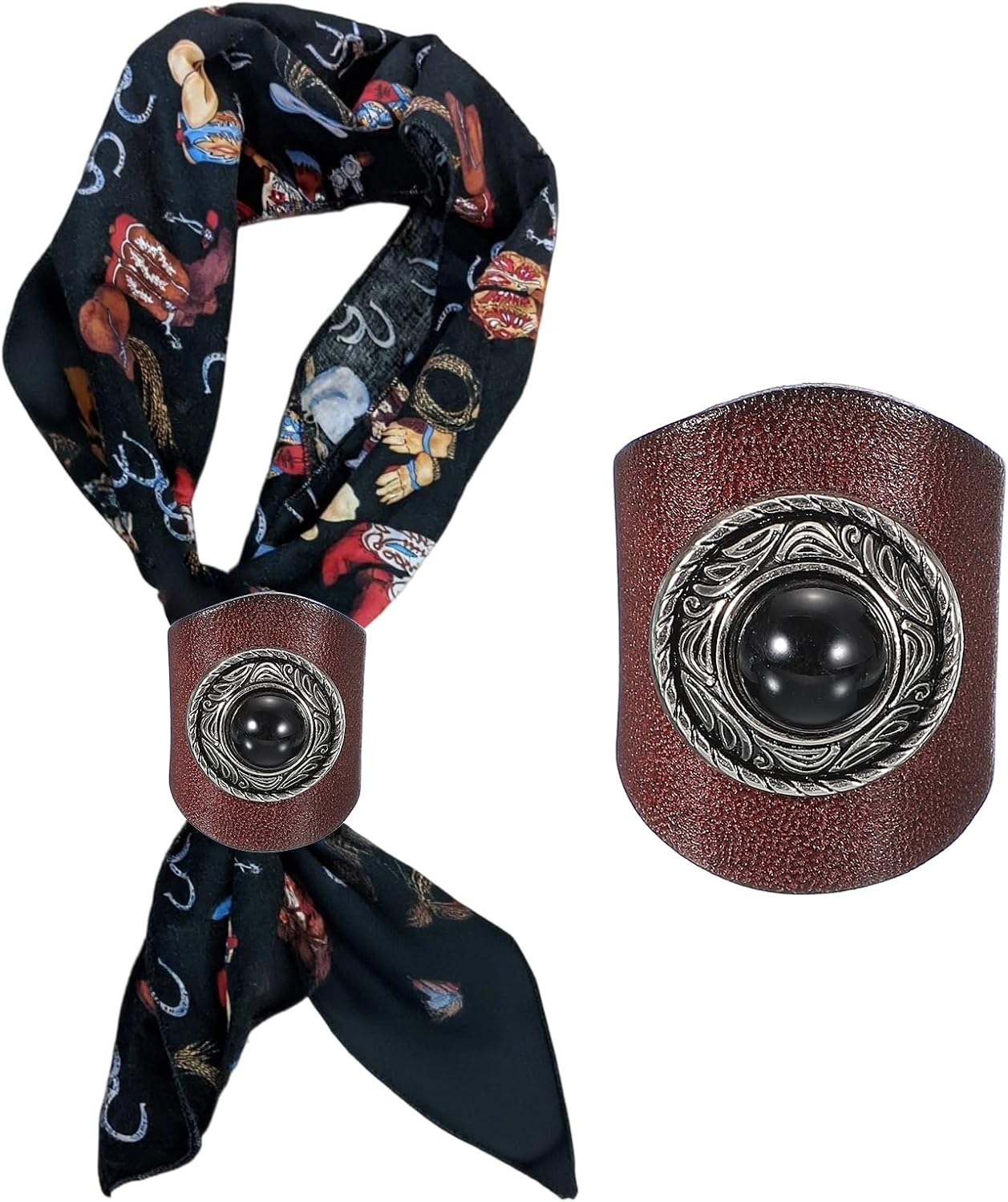 PATIKIL Western Bandana Scarf Ring, Men Square Handmade Leather Texture Gem Scarf Slide Ring for Men