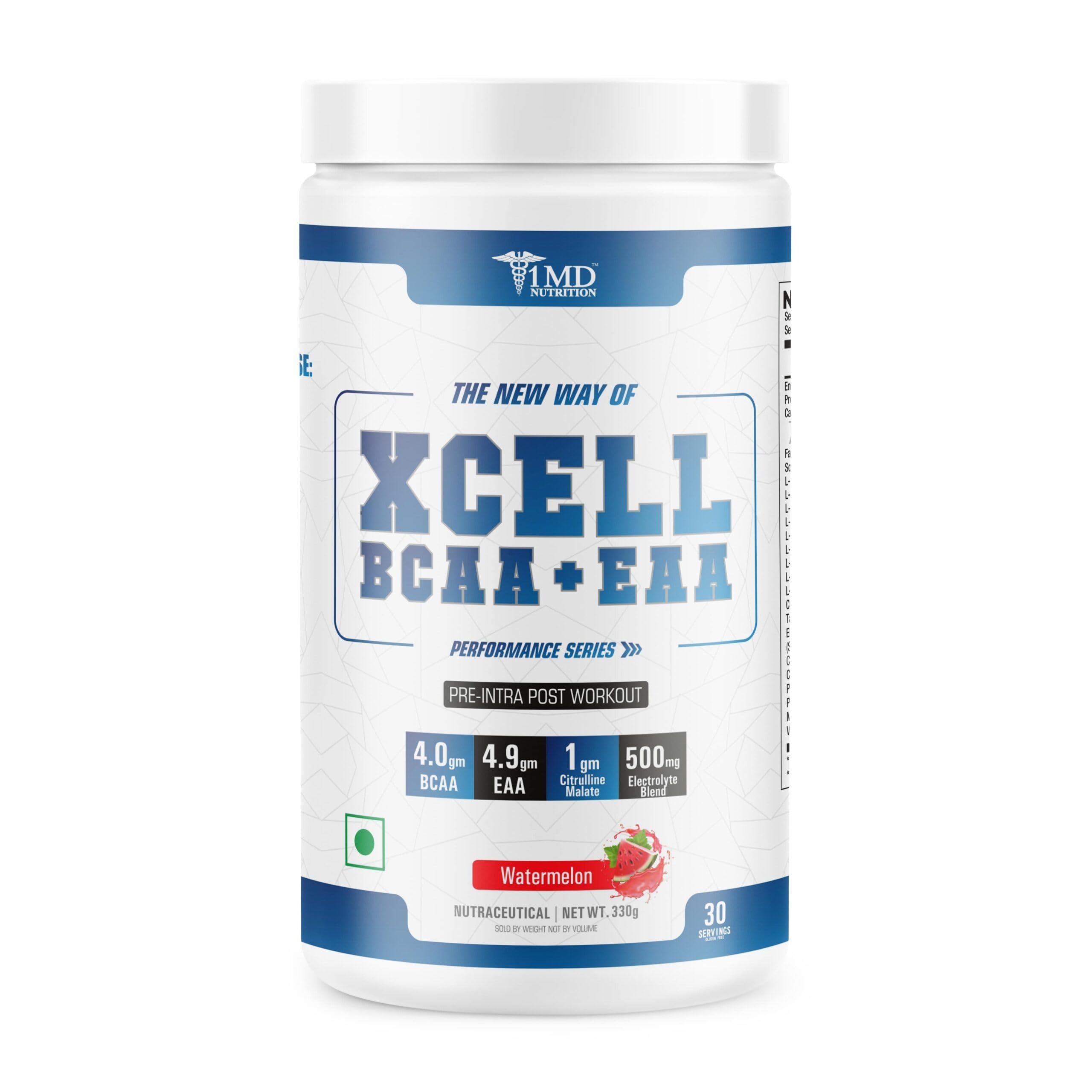 1MD Nutrition | X-CELL BCAAs with EAAs | 4g BCAA, 4.9g EAA, 1g Citrulline, 1g Taurine | 330 gm, 30 Servings (Watermelon)-image-42