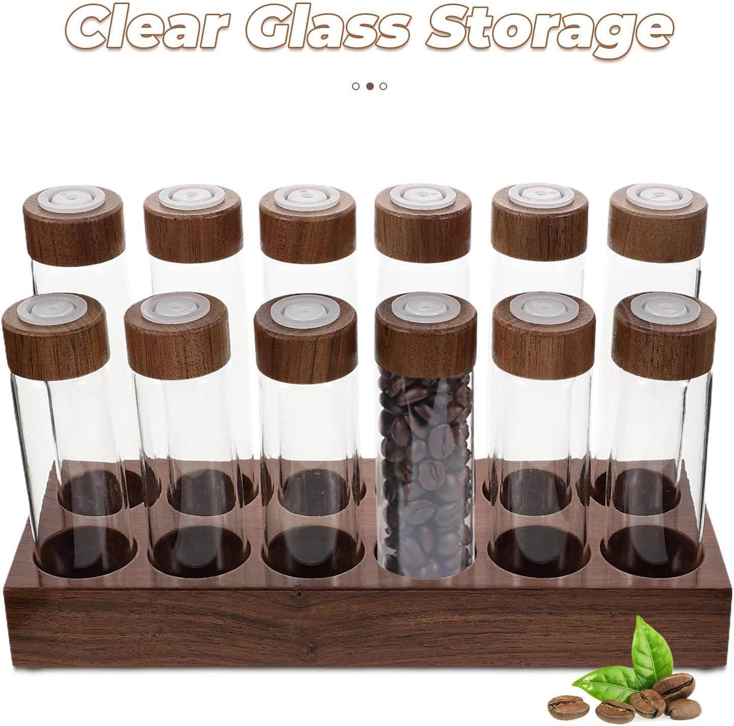 VILLCASE Airtight Coffee Bean Storage Container with Vent Valve and Wood Glass Material Single Portion Coffee Storage Tube with Wooden Holder for Home Use