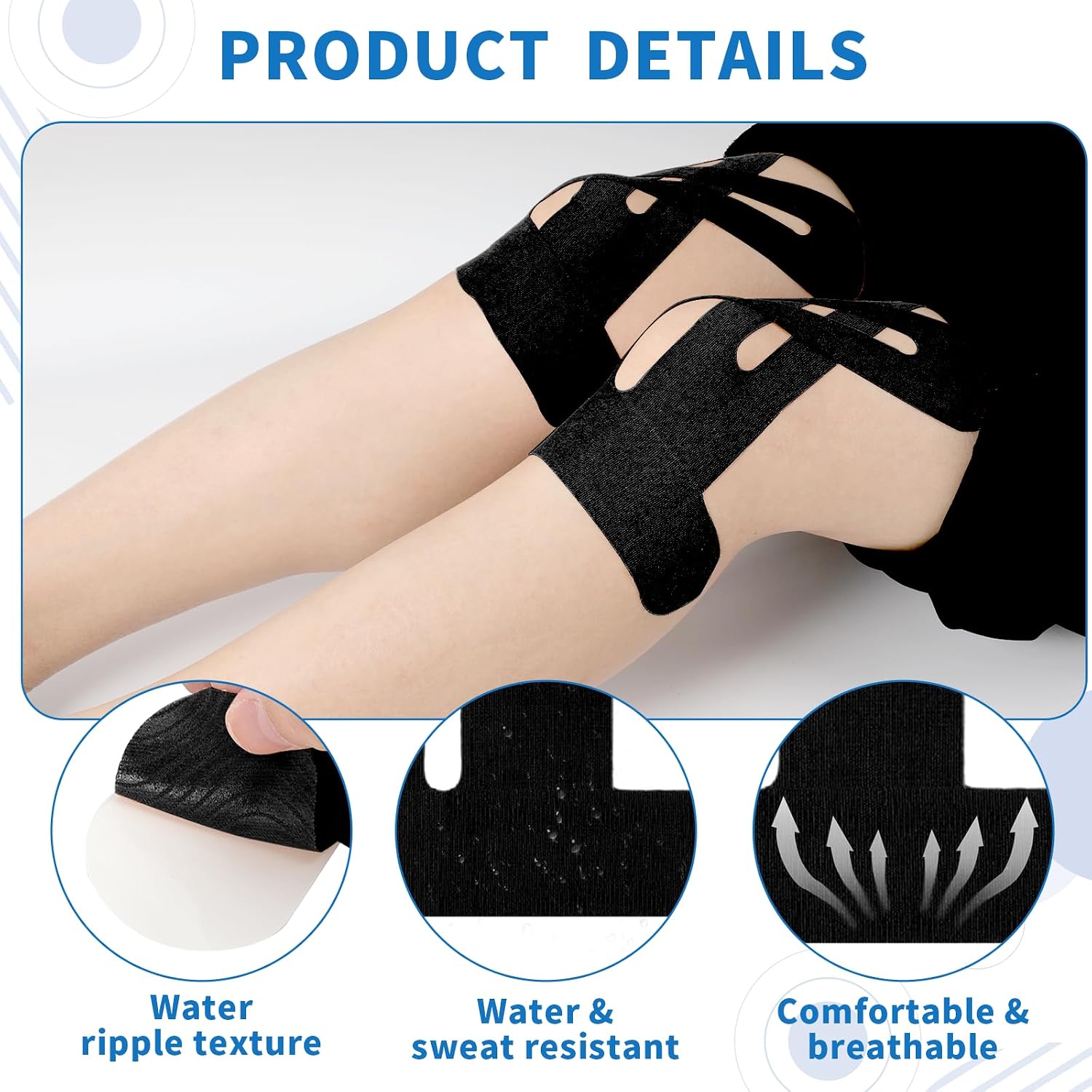 20PCS Kinesiology Tape for Knees, Kinesiology Tape Precut Strips for Knee Support & Stability, Waterproof Breathable Elastic Sports Tape for Pain Relief, Athletic Tape for Muscle & Joint, Black