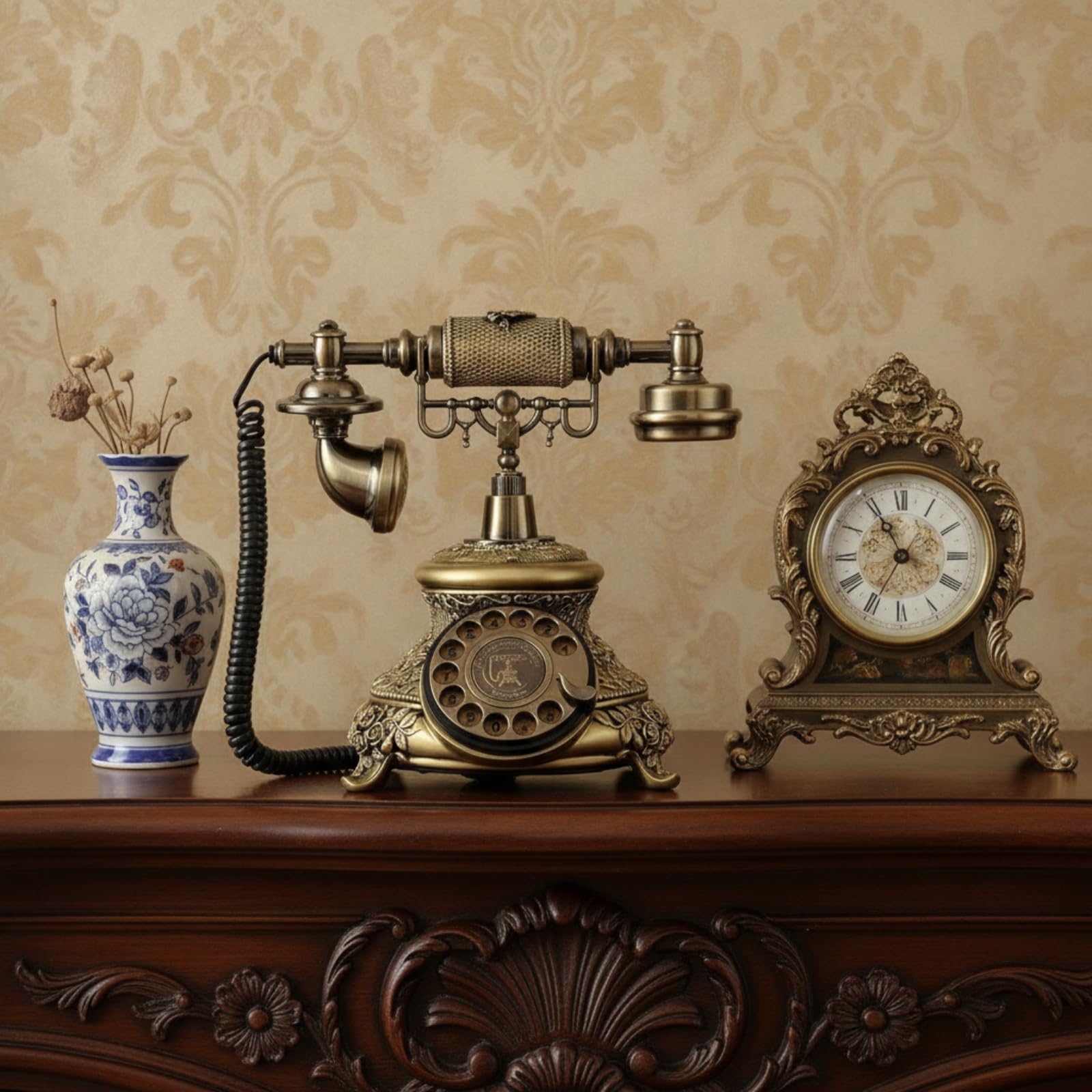 Telefono Antico in Resina Bronzato Telefono a Disco Funzionante Decorazione da Scrivania per Collezionisti, Soggiorno, Ufficio, Scenografia