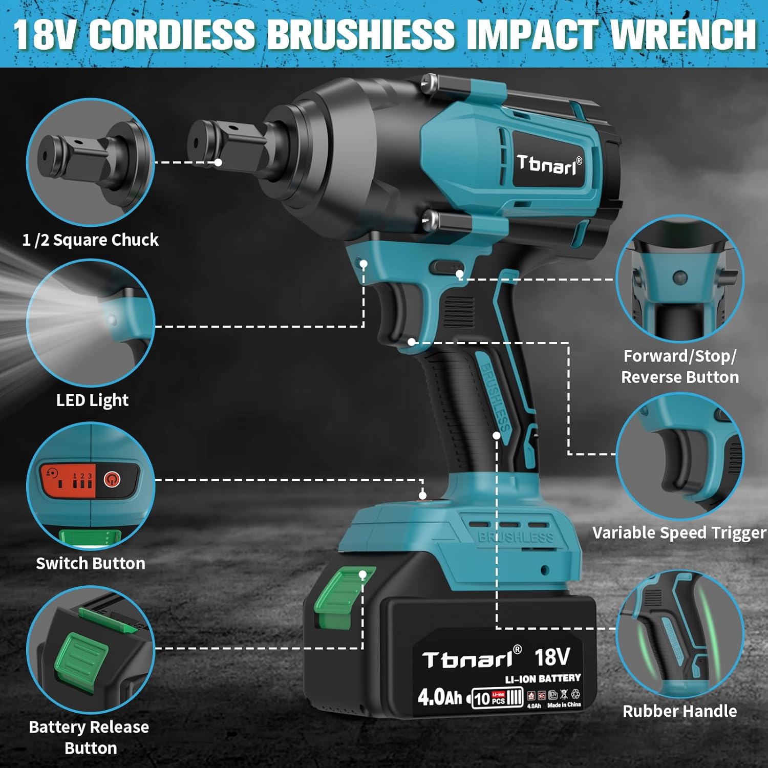 Cordless Impact Wrench 1/2inch, High Torque 597 Ft-lbs 810N.m Brushless Impact Gun, 3300RPM with 4.0Ah Battery, 6 Sockets, Charger and Plastic Case