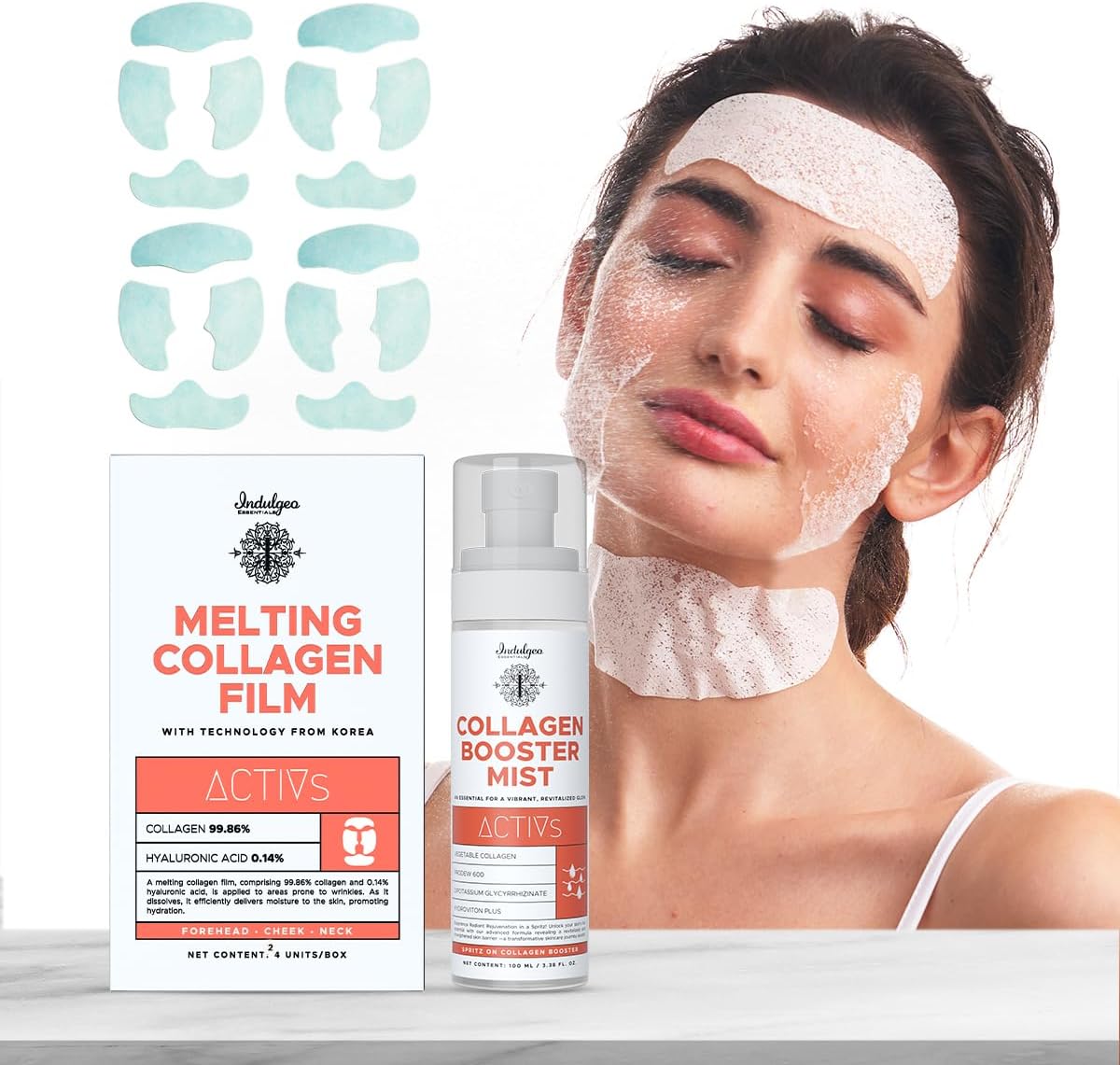 Indulgeo Essentials Melting Collagen Film Sheet Face Mask + Collagen Booster Mist Combo | Self-Dissolving Collagen Korean Glass Skin Mask | Face Patch | Reduces Wrinkles, Finelines & Scars | With 4 Sachets + 1 Skin Tightening Collagen Toner