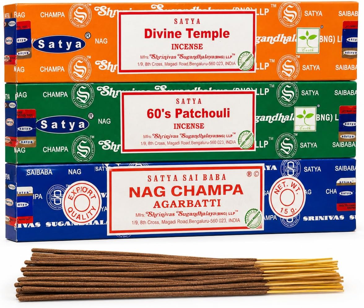 Satya Holistic Mix Incense Sticks 3-Pack Assortment | Slow-Burning, Long-Lasting Nag Champa, 60's Patchouli & Divine Temple (15g Each)