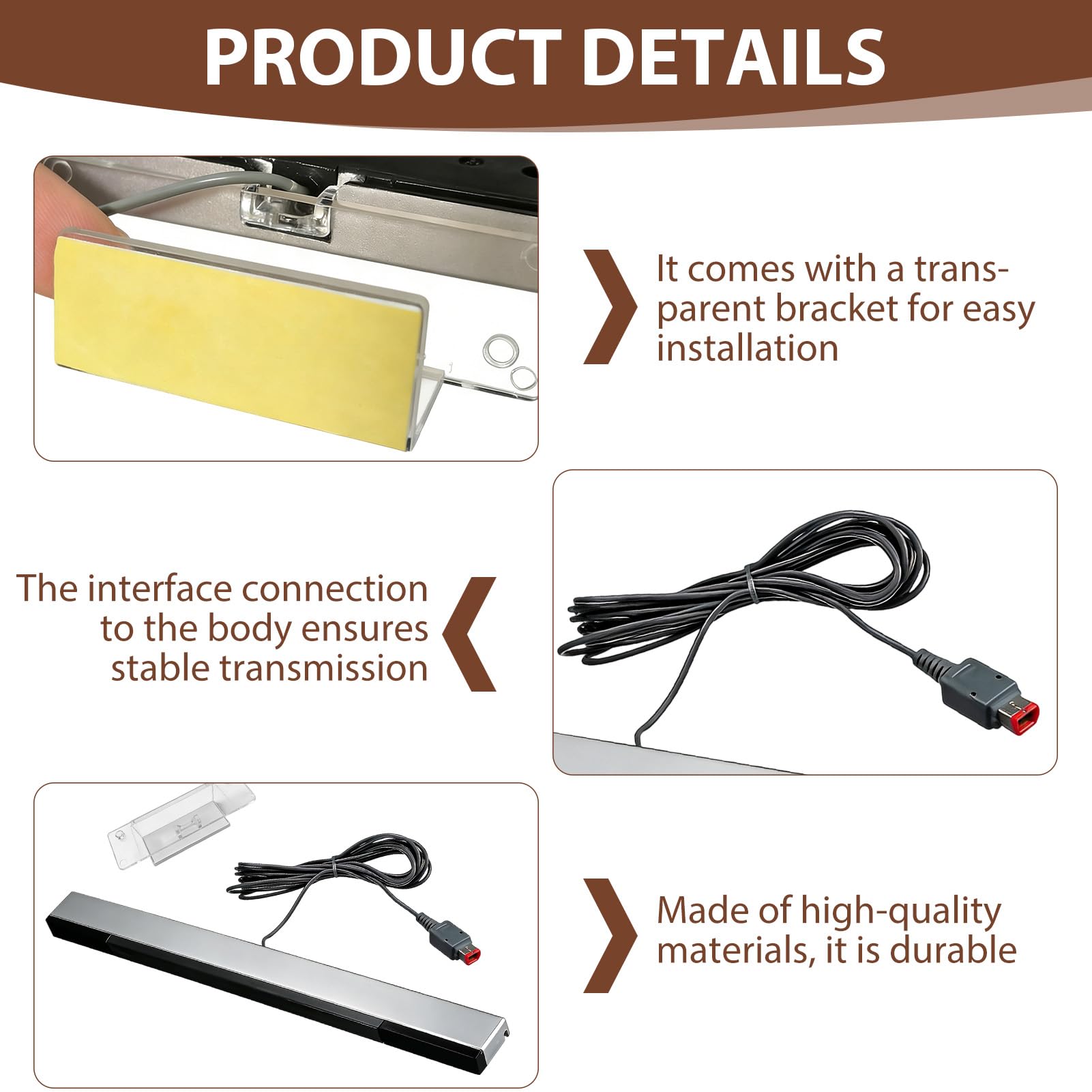 NUDVMUCH Barre de Capteur - Capteur pour Wii et Wii U, Support Barre de Détection, Bande de Détecteur à Faisceau Infrarouge pour Console Nintendo avec 1 Support de Pied Transparent - 5
