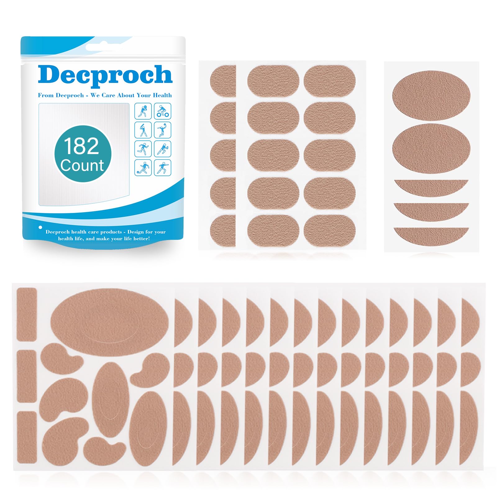 Moleskin for Feet, Moleskin Adhesive Pads, Mole Skin Patch for Blisters, Shoes, Toes, Heel | Blister Prevention Tape Pads Reduce Friction - 20 Sheets (182 Pieces Total)