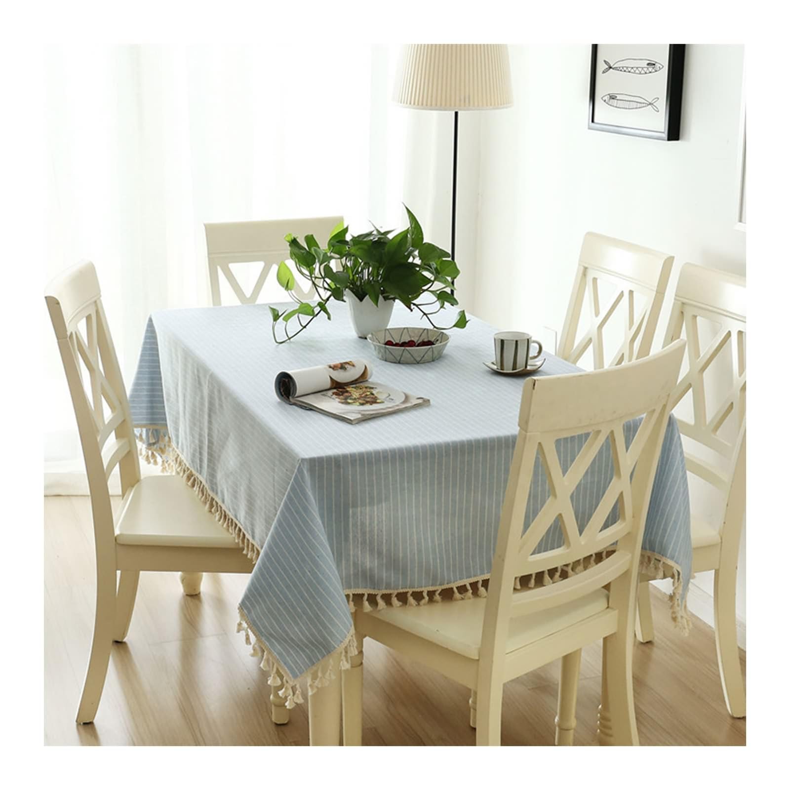 Daesar - Manteles Lavables Mesa Rectangular,Mantel Lino Lavado Rayas con Borlas Mantel Azul para Mesa,140x220CM(87x55Inch)