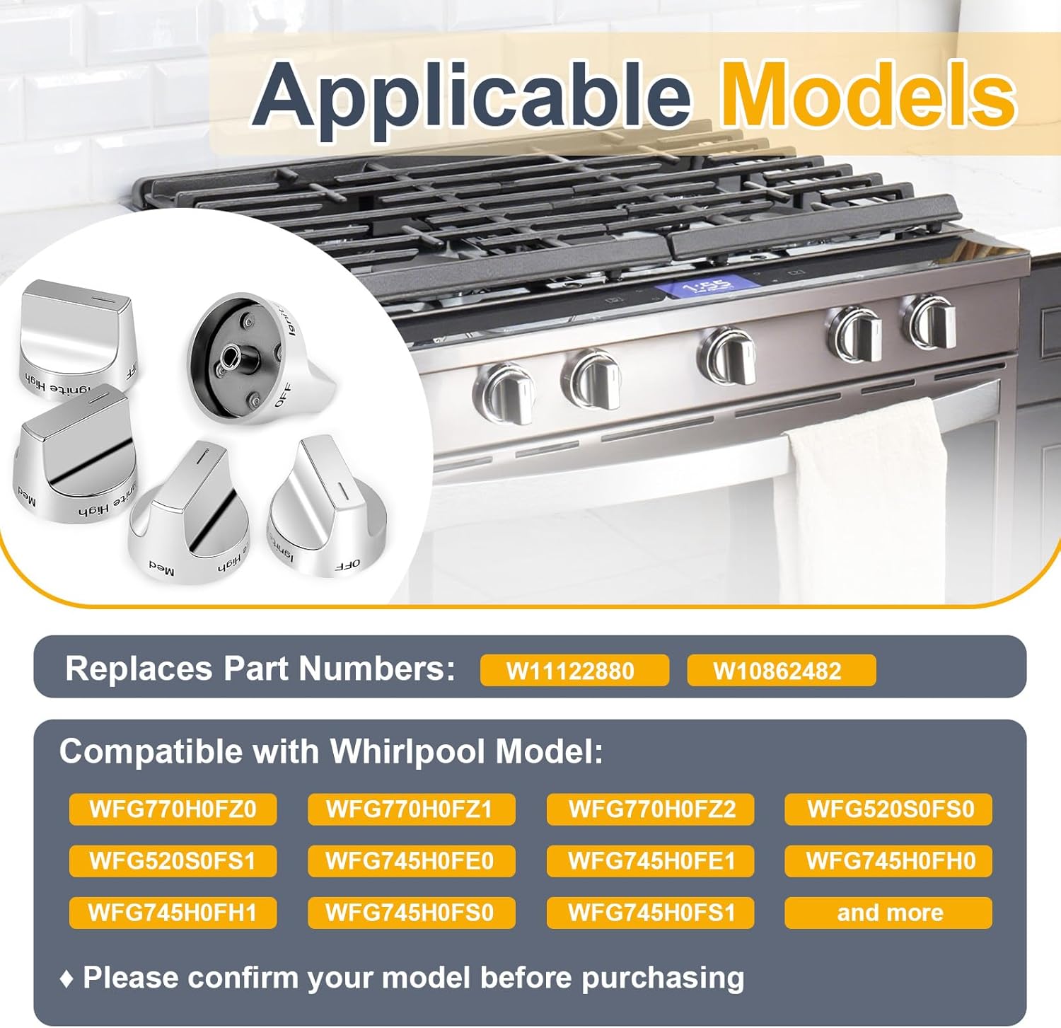 5 PCS W11122880 Stove Knobs Replacement Compatible with Whirlpool WFG745H0FS1 WFG745H0FH1 Gas Range Oven, Stainless Steel Range Surface Burner Control Knobs, Replace W10862482