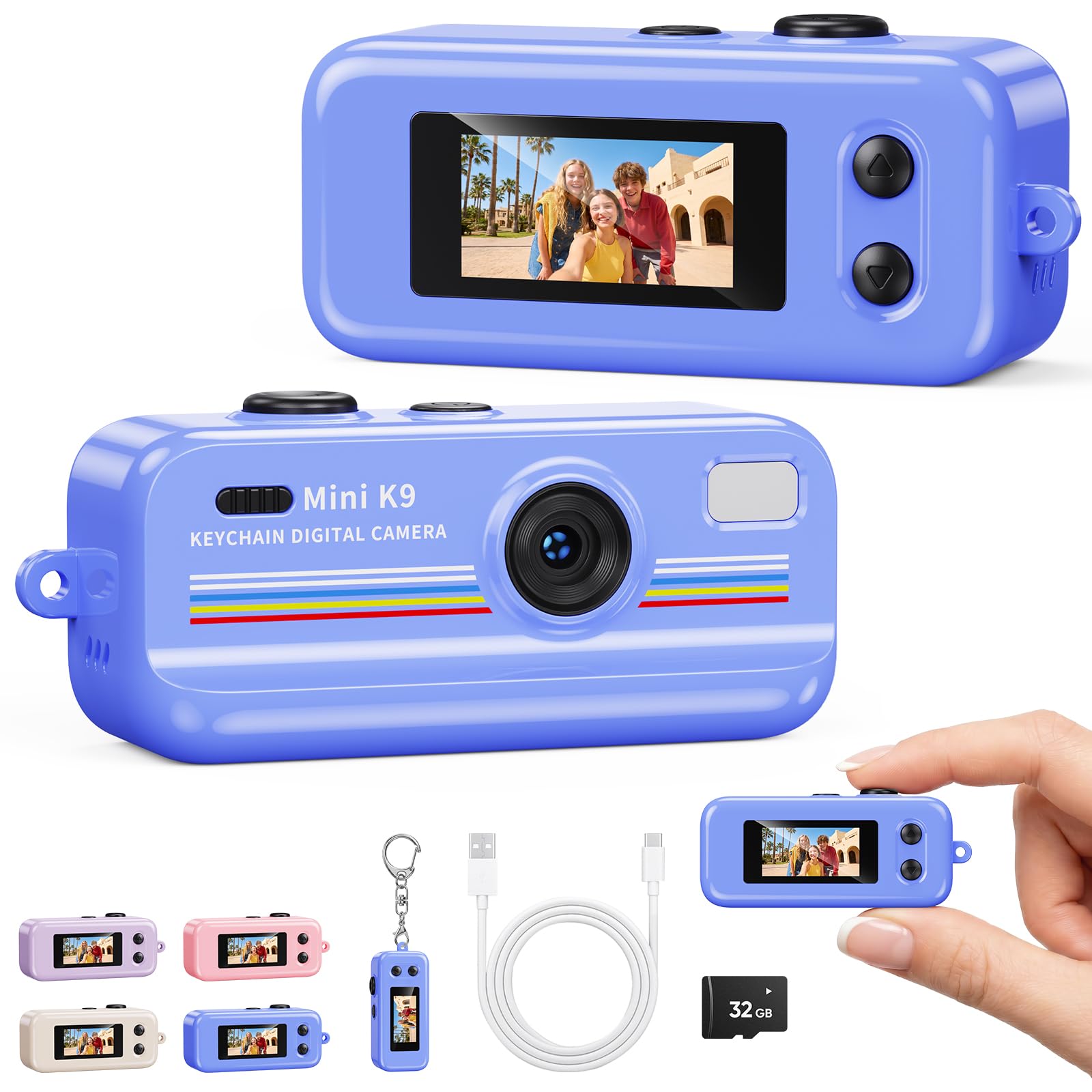 Kizmyee Mini Fotocamera Portachiavi, Piccola Fotocamera Retro 1080P FHD | 2MP, schermo a colori 0,96 pollici, lente anteriore e posteriore, 11 filtri, porta type-c, per viaggi, vlogging, svago
