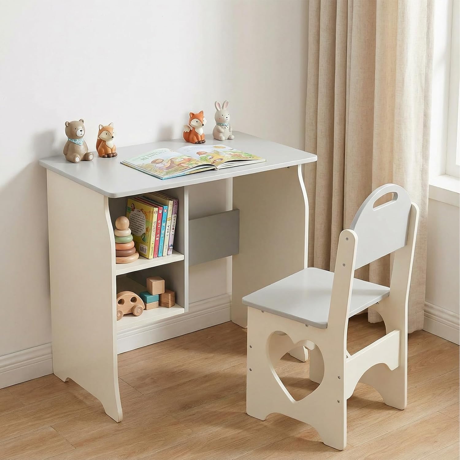 Brrnoo Kids Desk and Chair Set, White and Gray Cat Pattern Study Table with Built in Shelf and Heart Cut Chairs, Scratch Proof MDF, for Bedroom Playroom Children