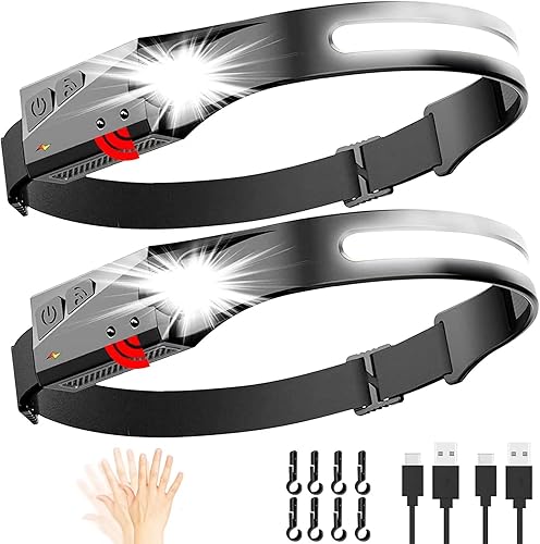 shinydream Linterna para faros delanteros 2 unidades de faros LED recargables con diadema ajustable luz de cabeza de haz ancho de 230 con sensor de