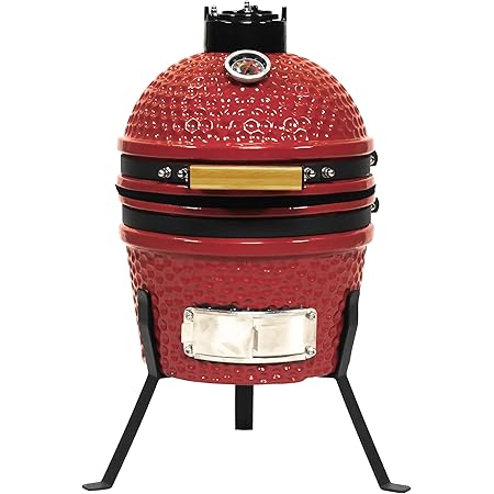 VESSILS Kamado Charcoal BBQ Grill – Heavy Duty Ceramic Barbecue Smoker and Roaster with Built-in Thermometer and Stainless Steel Grate (13 Inch Stand, Red)