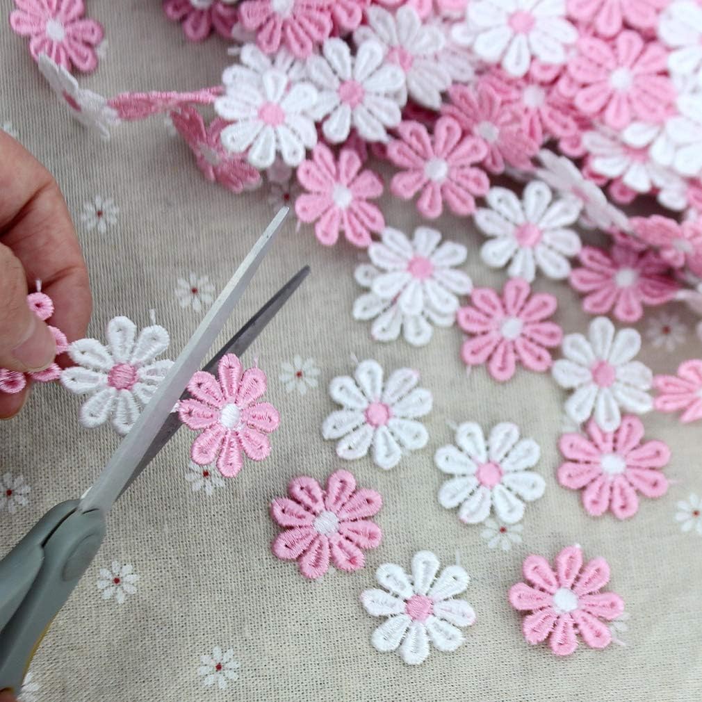 IDONGCAI Daisy Flower Lace Trim Embroidered DIY Handmade Patchwork Ribbon Sewing Supplies Crafts 2.5CM Wide 7Yards Pink