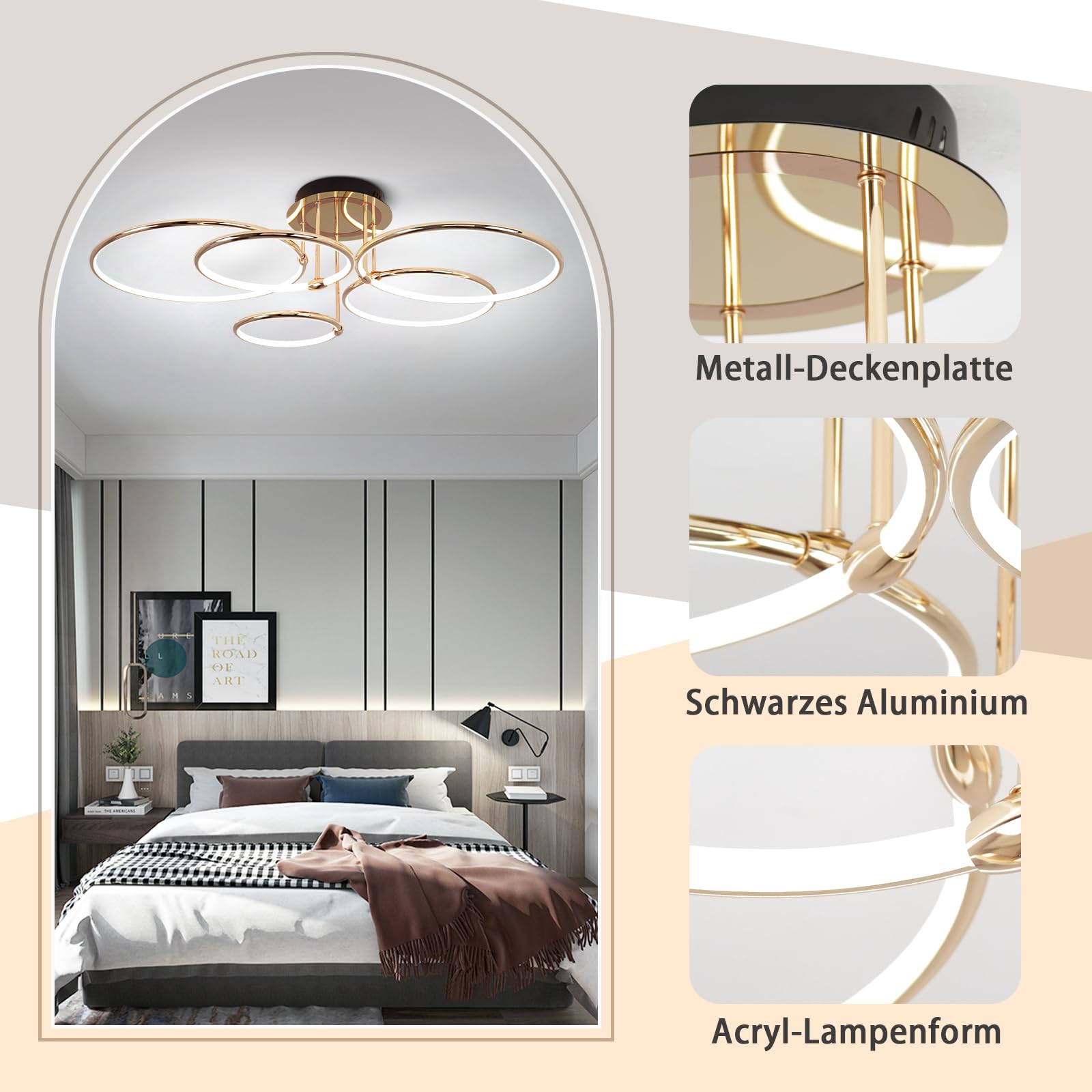 LED Deckenleuchte Modern Design Deckenlampen Gold 5-Ring Lampen Dimmbar Wohnzimmerlampe mit Fernbedienung, Aluminium Led Beleuchtung für Wohnzimmer Schlafzimmer Küche Esszimmer Büro 93cm, 108W…