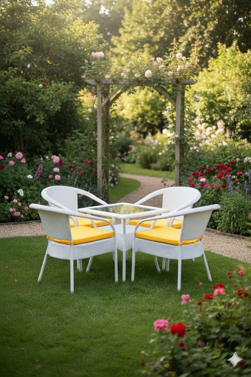 White Wicker Outdoor Patio Dining Set with Yellow Cushions, 5 Piece Garden Furniture Set with Table and 4 Chairs
