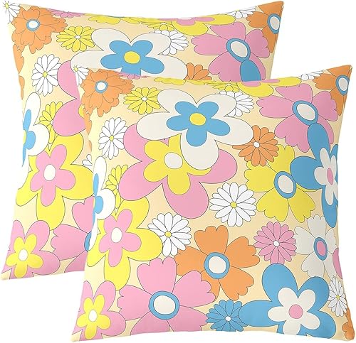 Juego de 2 fundas de almohada de 18 x 18 pulgadas, diseño de flores groovy, estilo hippie, colorido, retro, floral, lindas fundas de cojín vintage