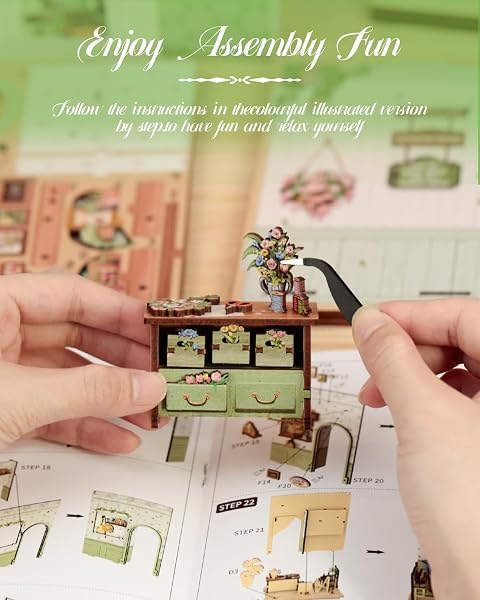 Cutefun Book Nook Kit - Maisons de poupées DIY - Puzzles en Bois 3D pour Adultes, Décoration de Bibliothèque Fleurie - Cadeaux pour Femmes et Amateurs de Puzzles(Champs-Élysées Florist) - 5