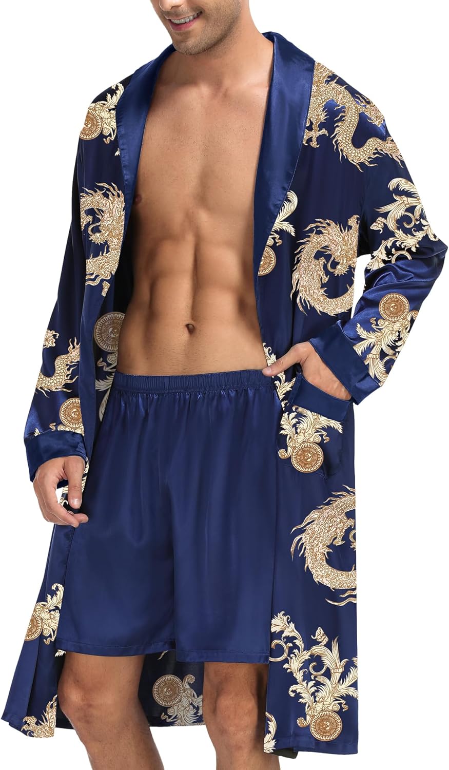 SWOMOG Men's Satin Robe with Shorts Set Silky Kimono Bathrobe Lightweight Soft Sleepwear - Image 3