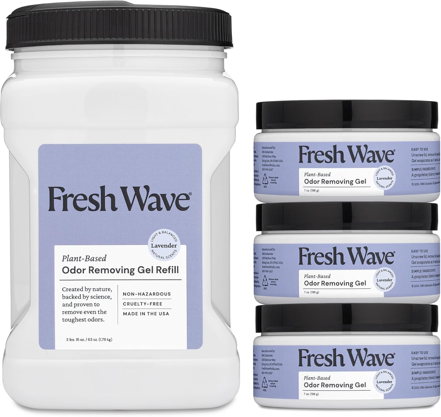 Fresh Wave Odor Removing Gels Bundle: Lavender Scent 3-Pack 7oz. & 63oz. Gel Refill