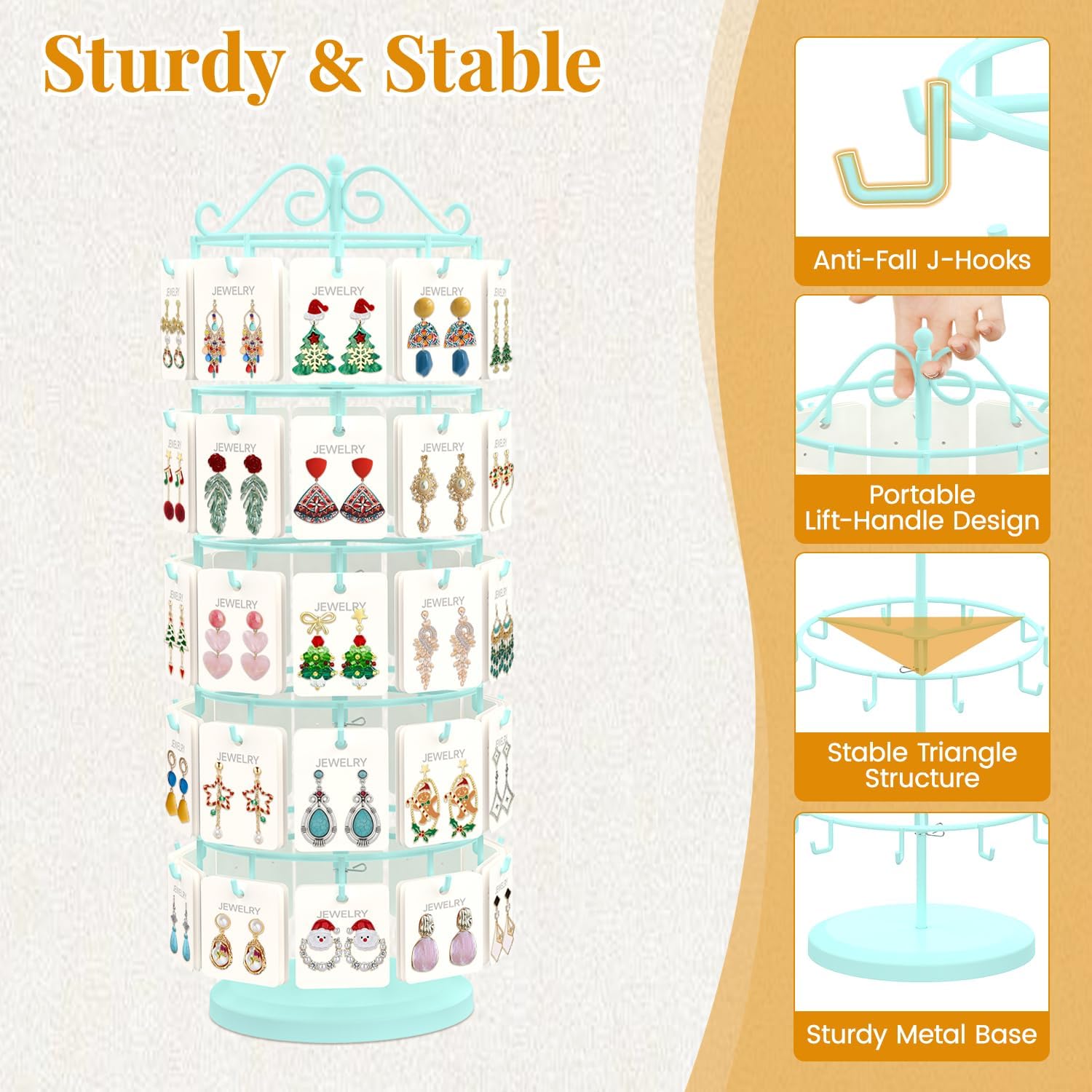 EsLuker.ly Earring Holder Organizer Rotating Display Tree Stand, Adjustable Height Earring Card Hanger Rack with 50 Hooks for Vendors Market Selling, 5 Tier Metal Jewelry Storage Tower,Blue