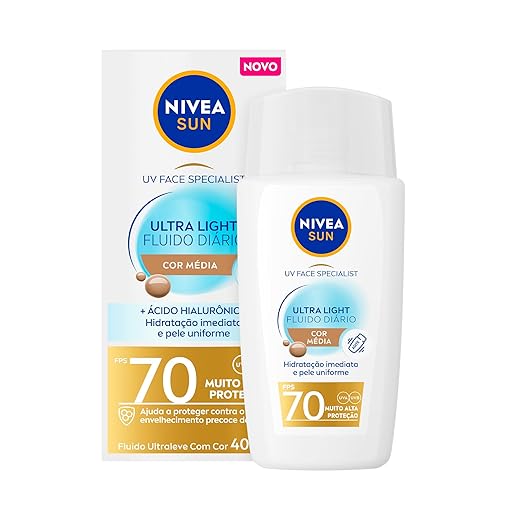 NIVEA SUN Protetor Solar Facial UV Face Specialist Ultra Light Fluido Diário FPS 70 Cor Média 40ml, Muito Alta Proteção UVA/UVB, Hidratação Imediata, Pele Uniforme