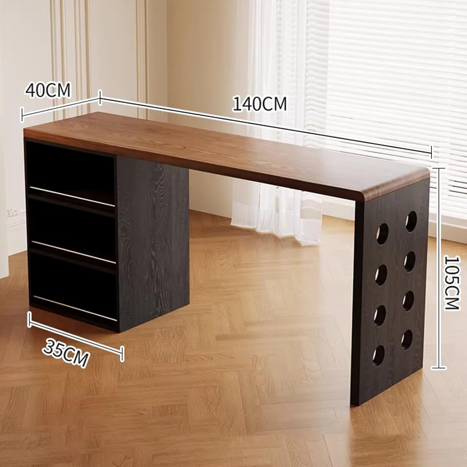 Storage Trolley Solid Wood Two-Tone Bar Island Desk with 3 Shelves Pine Side Panel Storage Shelving Organizer