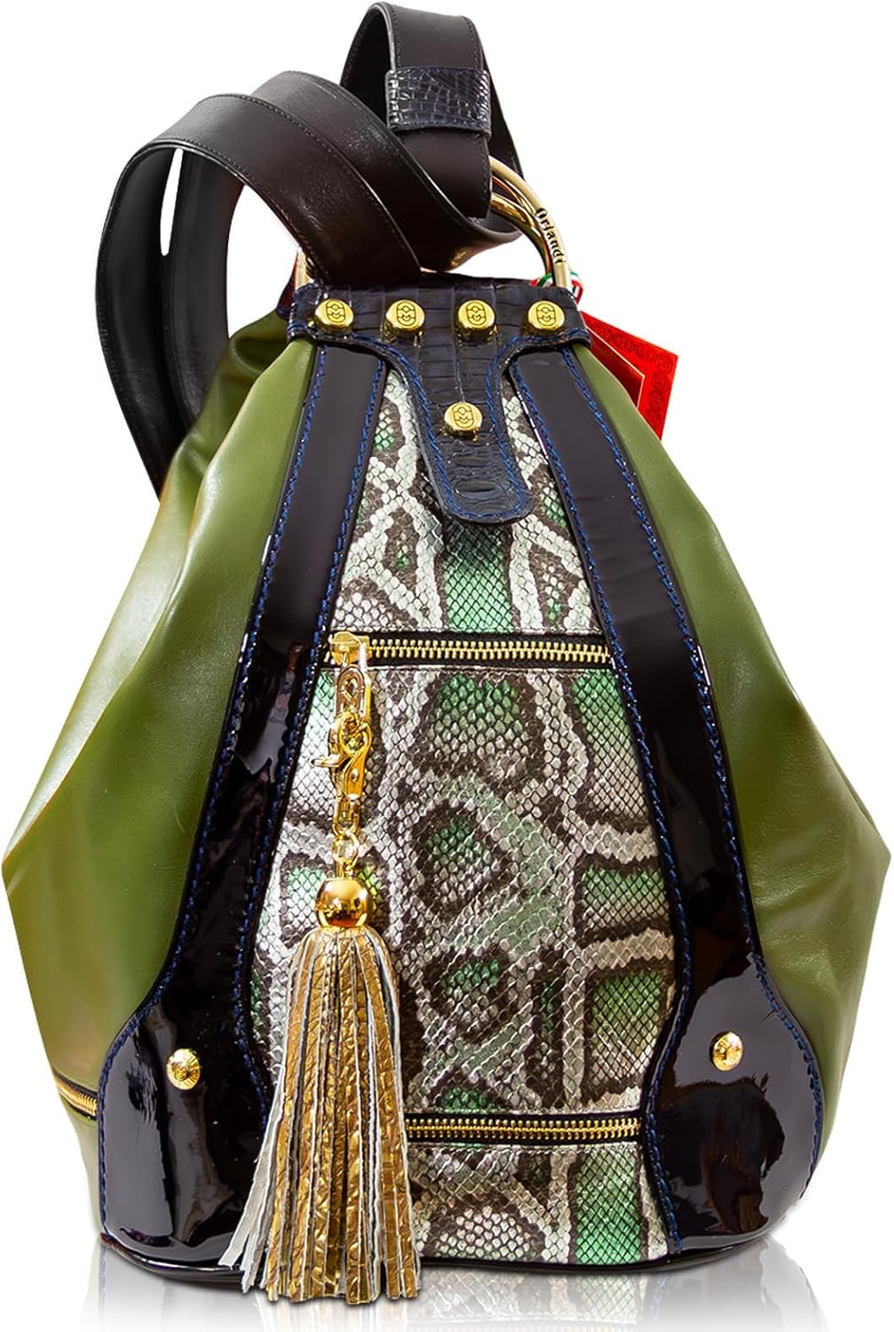 Designer Backpack Bucket Purse Sling Watercress & Gold Python Embossed Leather Tote Bag Italian Handbag