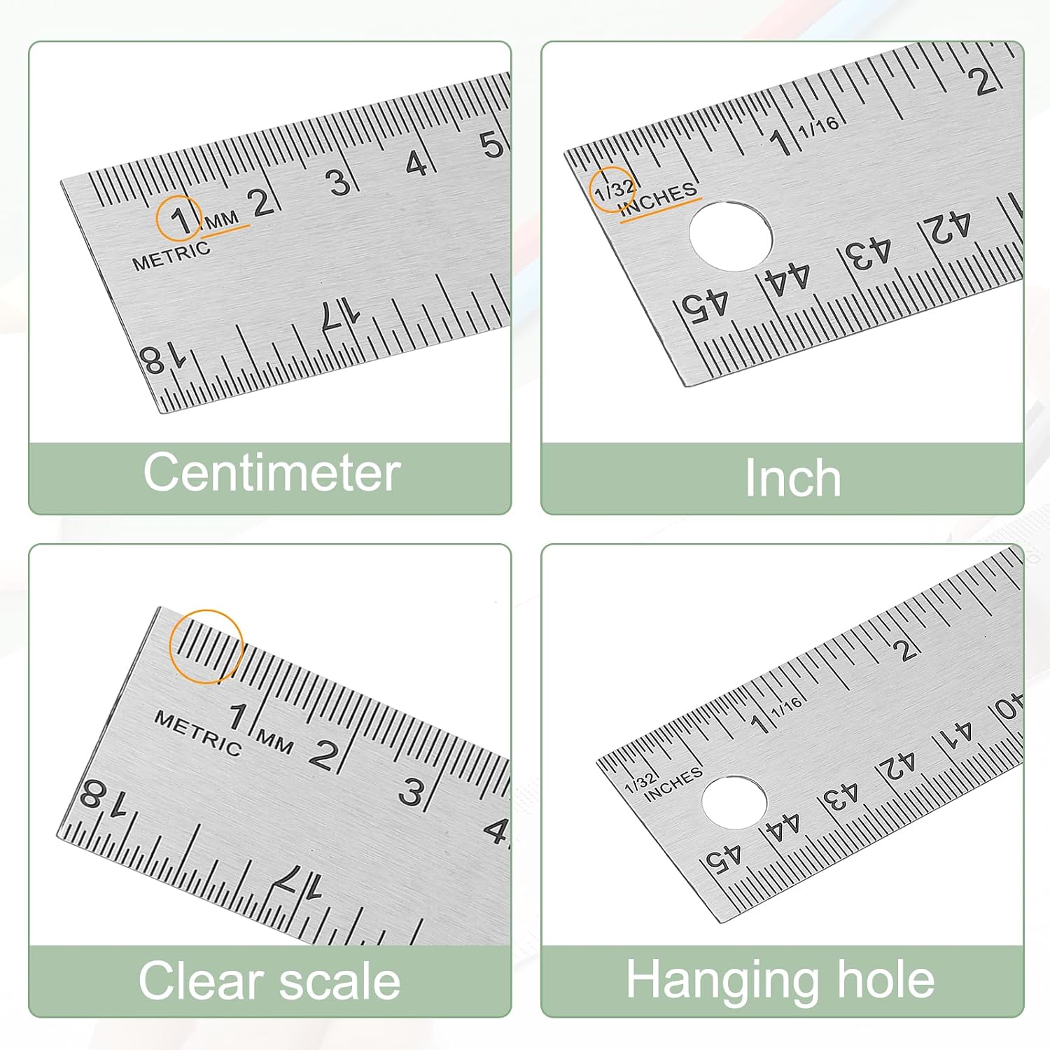 PATIKIL Stainless Steel Ruler Cork Backed, 2Pcs 18 Inch Straight Edge Ruler Non-Slip Cork Backing with Inch and Centimeter Scale for Office Engineering Drawing