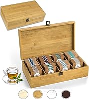Vista 14 de Caja Organizadora de Té 7.4" x 8.1" x 4.2" Organizador de Madera de Bambú Cofre de Almacenamiento 4 Ranuras Altas Ajustables 100% Hecho a Mano