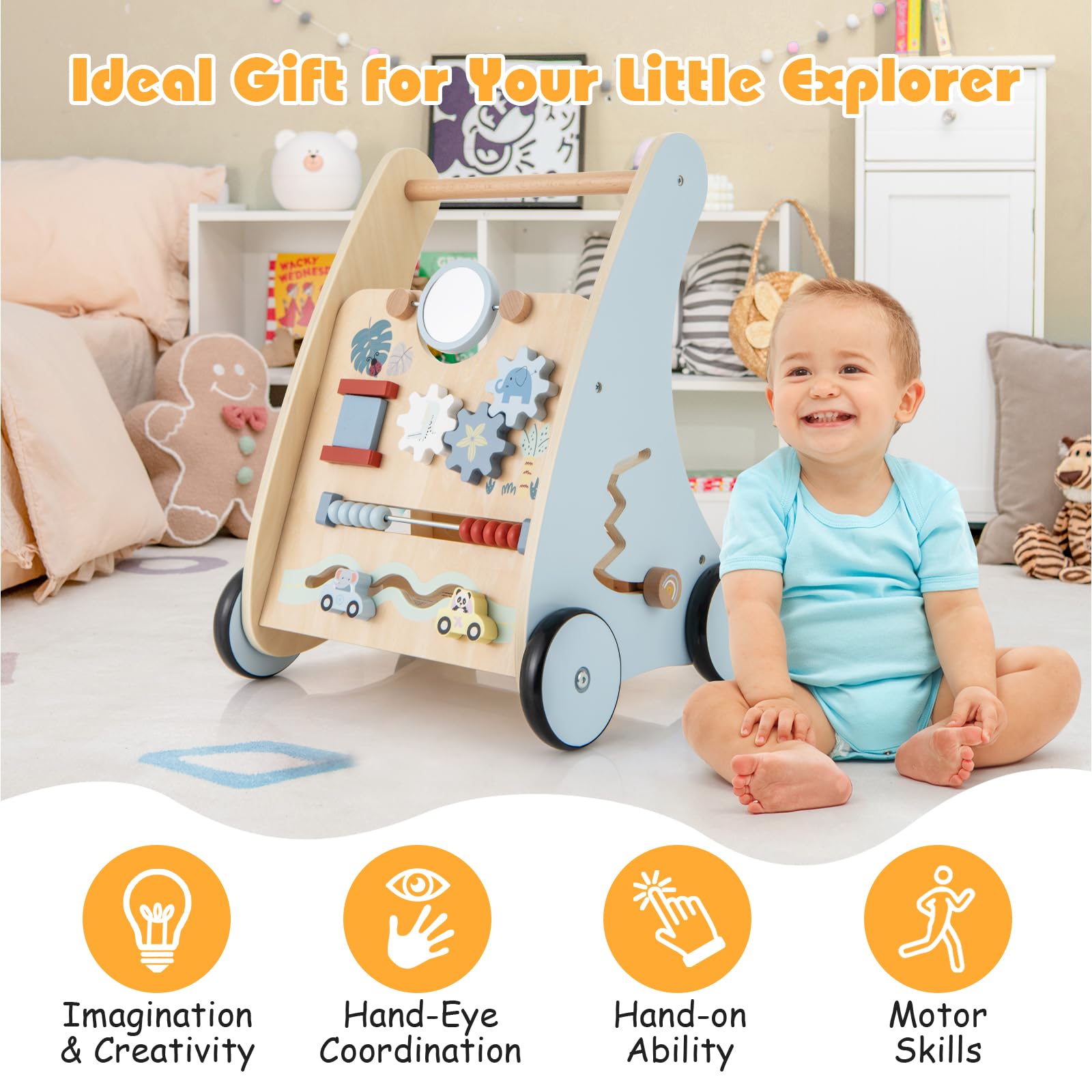 LIFEZEAL Girello Neonato in legno, Primi Passi per Bambini con Giocattoli Montessori, Carrello Primi Passi con Ruote, Gioco per Camminare, Carrellino con Banco da Lavoro per Bimbi da 3 Mesi (A)