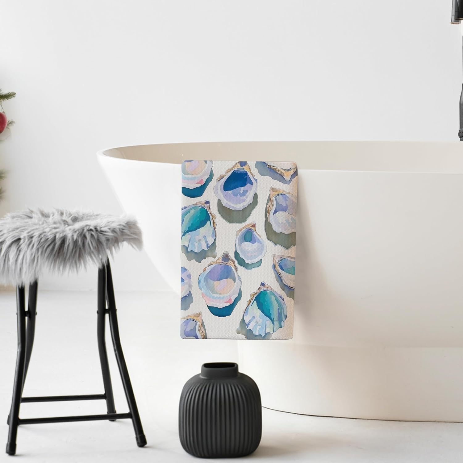Blue Oyster Shell Coastal Beach Kitchen Towels,Beach Lover Gifts,Coastal Hand Towels for Bathroom, Nautical Ocean Shell Decorative Dish Tea Towel, 16x24 Inch