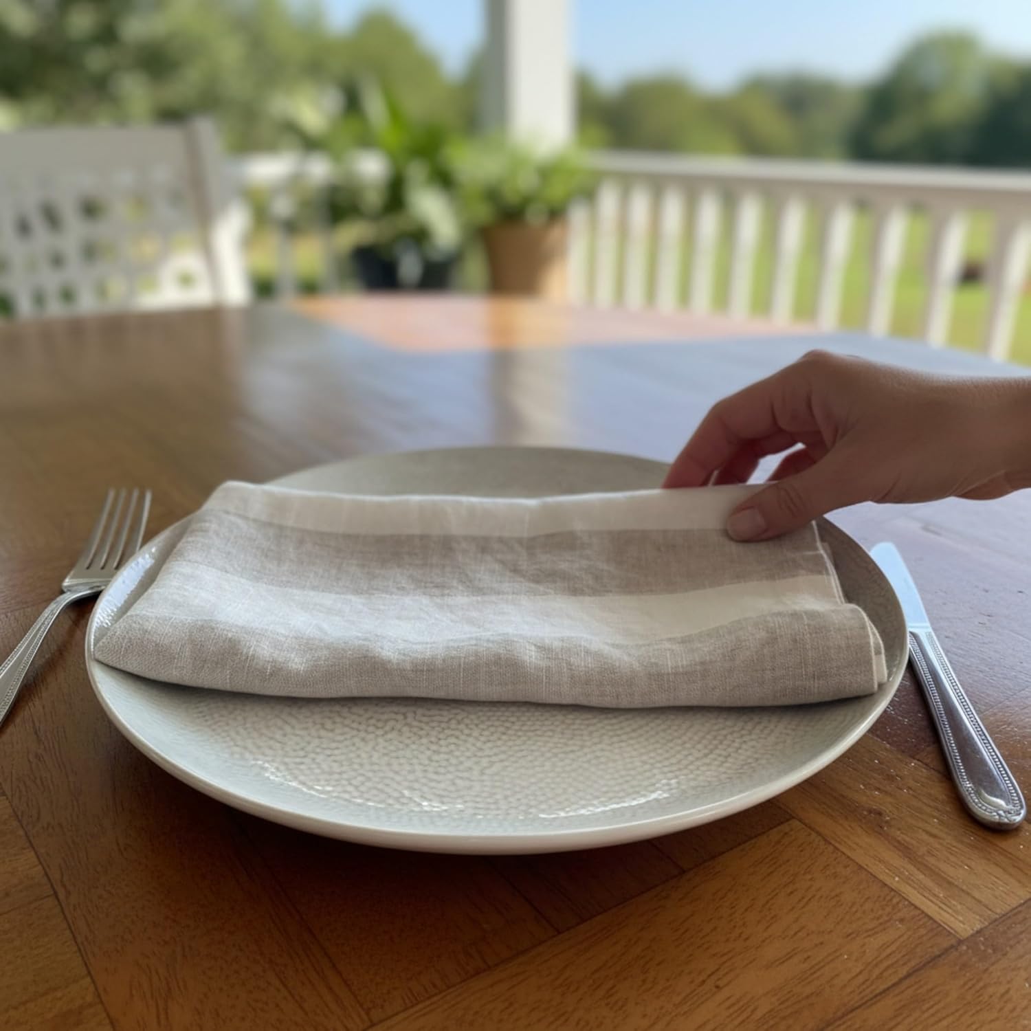 Linen Napkins – Stonewashed Pure Linen Stripe Cloth Dinner Napkins – Created from French Flax - Mitered Corners – Set of 4 (Natural Stripe)