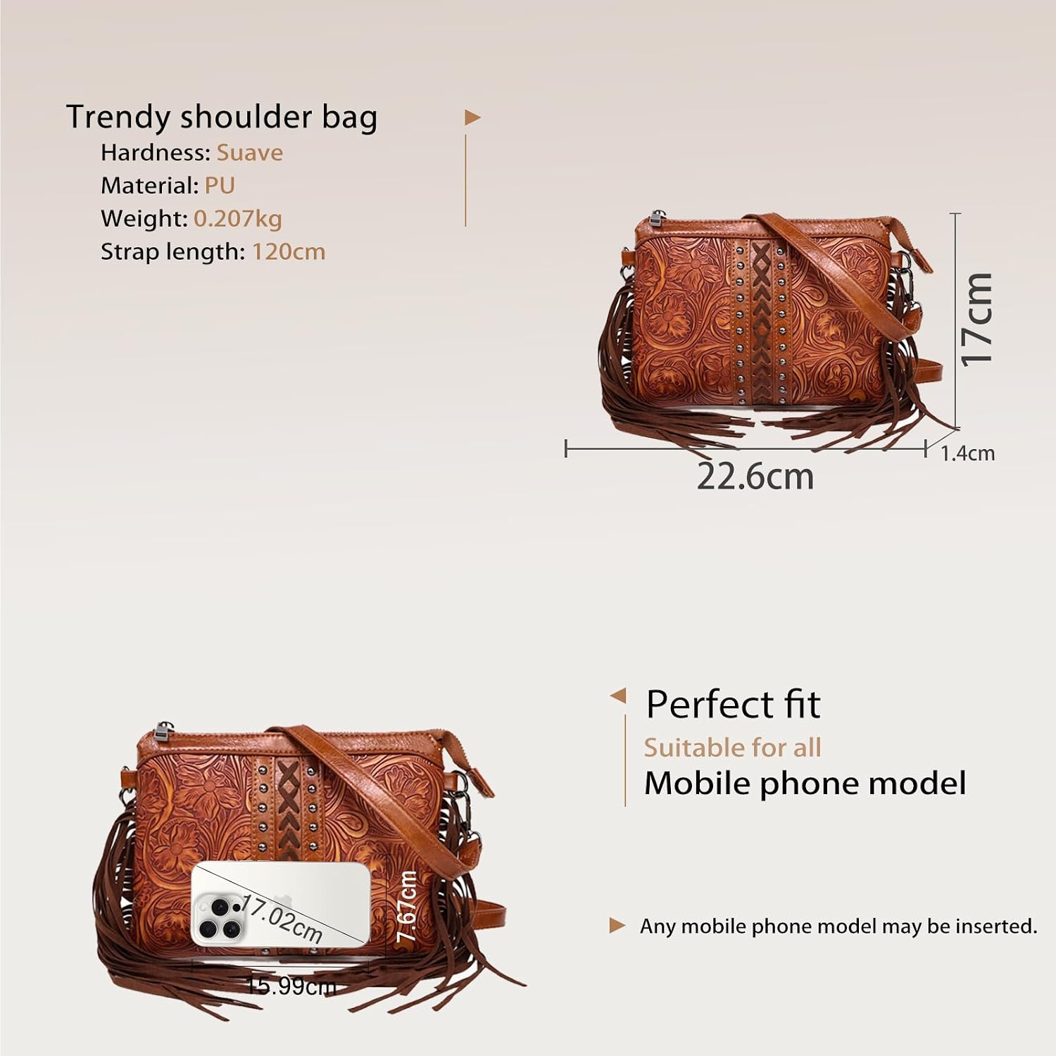 CORIOS Fringe Crossbody Bag Women Boho Hobo Shoulder Bag Messenger Satchel Bag with Ethnic Floral Emboss Summer Beach Bag