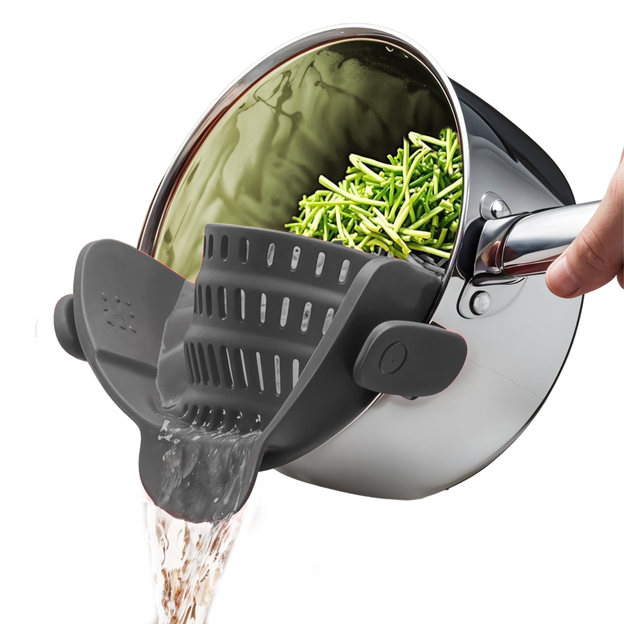 Colador de pasta con clip para ollas y sartenes, colador resistente al calor para verduras y fideos, diseño que ahorra espacio, sin BPA, apto para lavavajillas, ajuste universal (gris)