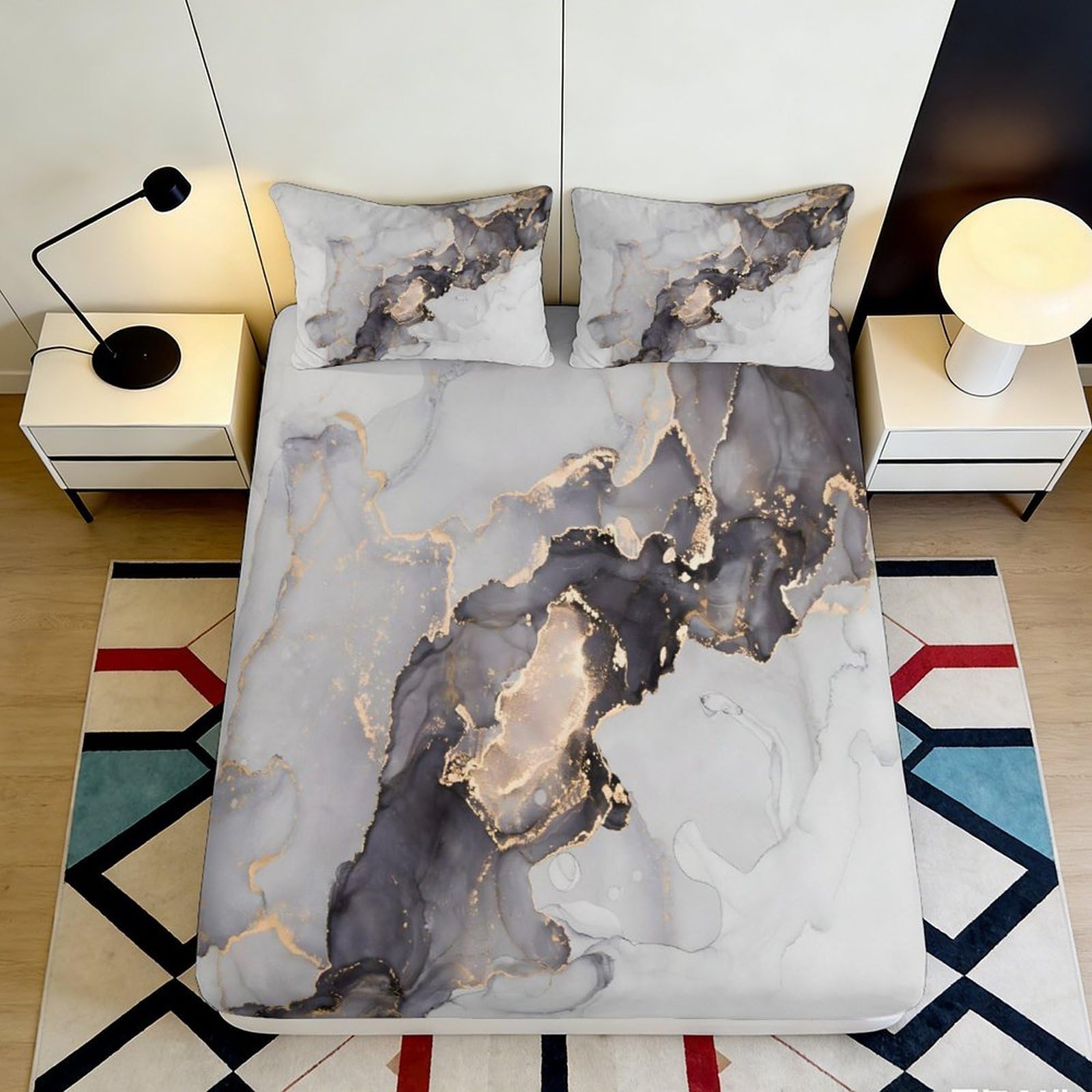 3D Printed Marble Abstract Fitted Sheet Microfiber Soft Grey Gold Texture Mattress Cover for Bedroom Guest Room Decor 90x200x25cm