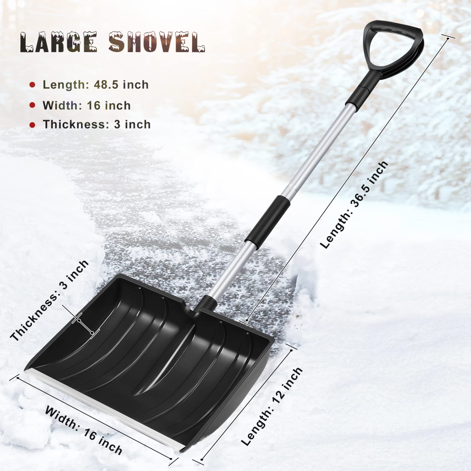BESPORTBLE Ergonomischer Schneeschieber mit D-Griff aus Aluminiumlegierung rutschfest und Stabil für Garten und Hof Große Kapazität zur Schneeräumung