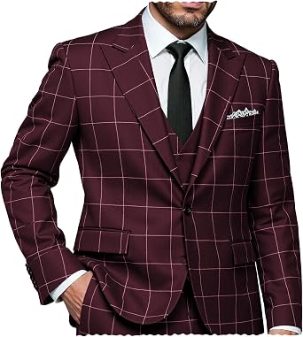 Mens Plaid Suits 3 Piece Slim Fit Dress Tuxedo for Men One Button Solid Jacket Vest Pants Set Bussiness Prom