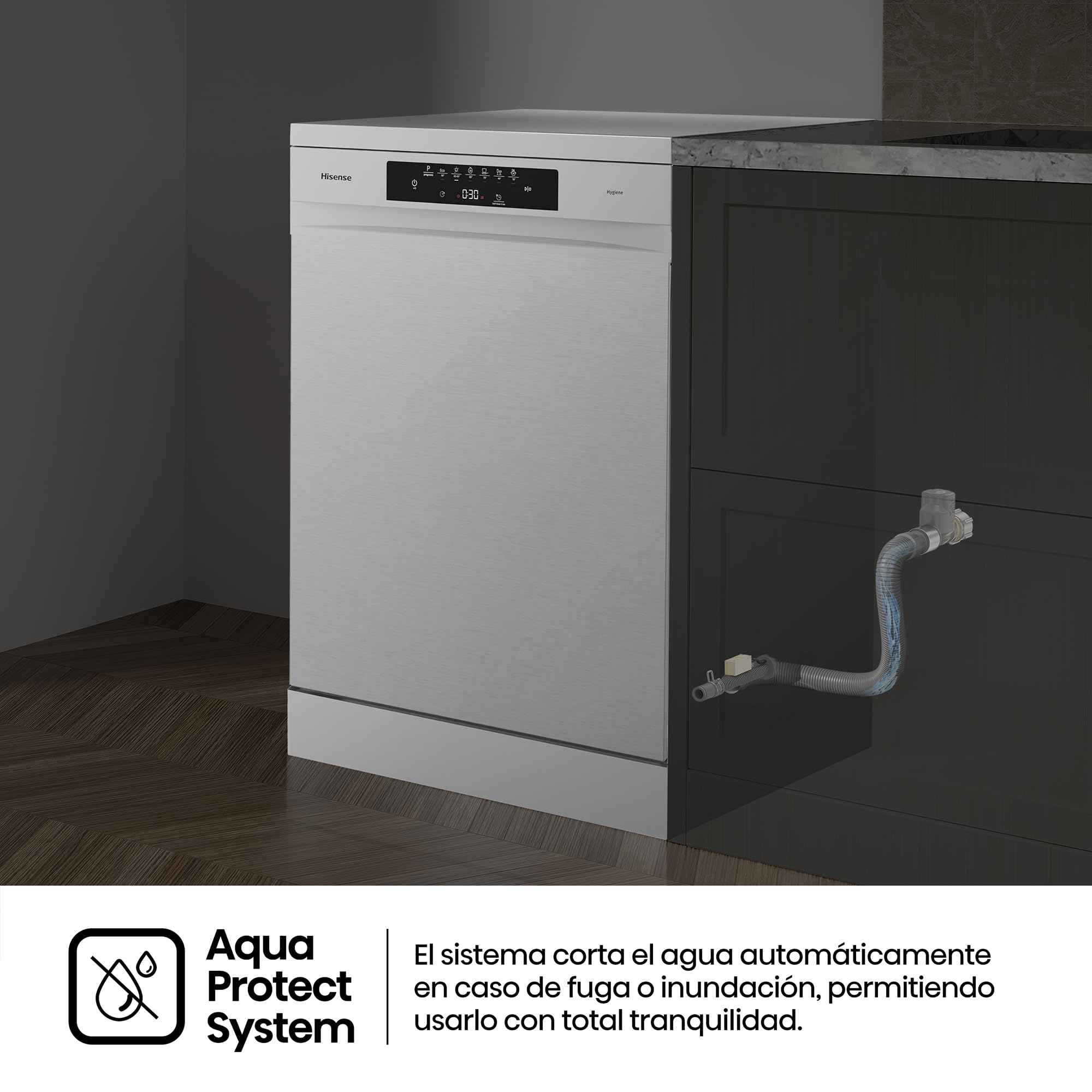 Hisense HS643B90X - Lavavajillas Clase B, 15 Servicios, Fondo 60cm, Secado Extra, Programa Automático, Tercera Bandeja, Programa Corto 1 hora, 15 Servicios, Aqua Protect System, Control Táctil, Inox
