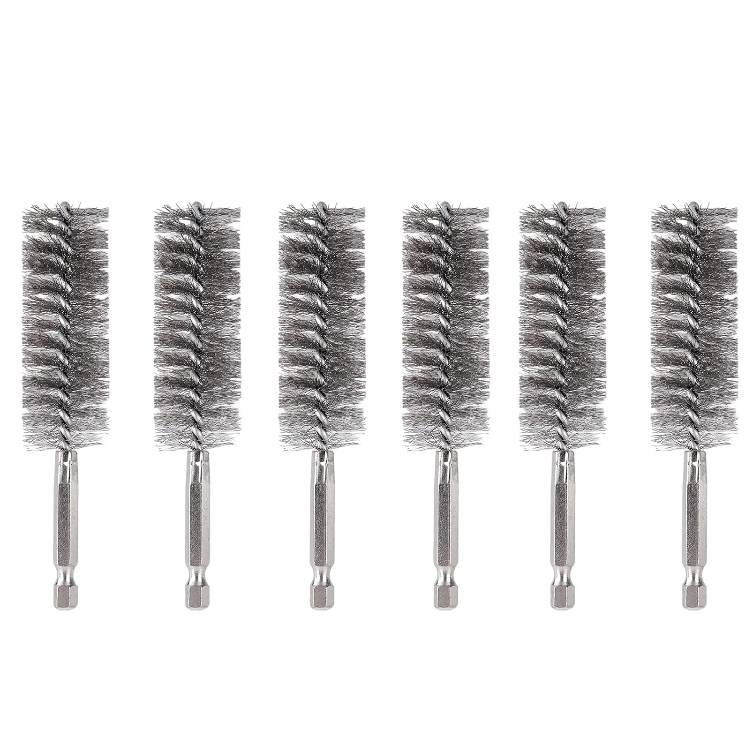 6Pcs 1-1/8"(28mm) Stainless Steel Bore Brush Set for Drill GSS-01 | Twisted Wire Cleaning Brushes Drill Brush Attachments with 1/4" Hex Shank, for Rust and Tube Cleaning