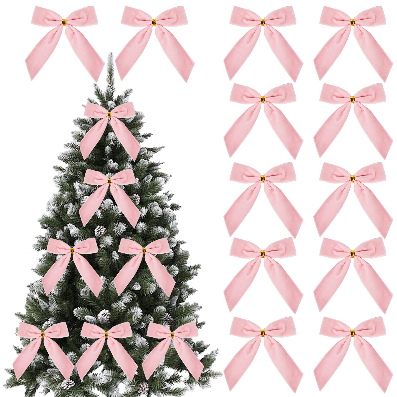 12pcs Small Christmas Velvet Bows 3.5 Inch Rustic Wreath Gift Bows Vintage Xmas Velvet Ribbon Bow Holiday Ornaments for Christmas Tree Garland DIY Craft Wrapping Decor (Pink)