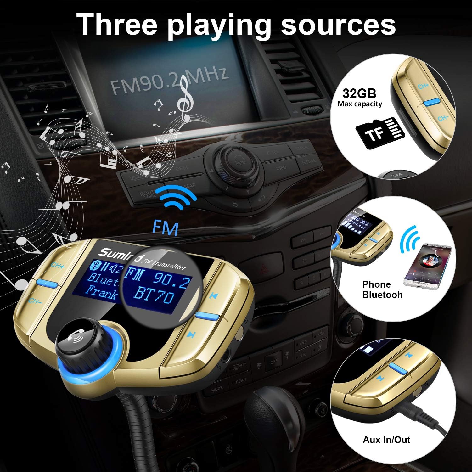 Three music playing sources: FM, Bluetooth, AUX