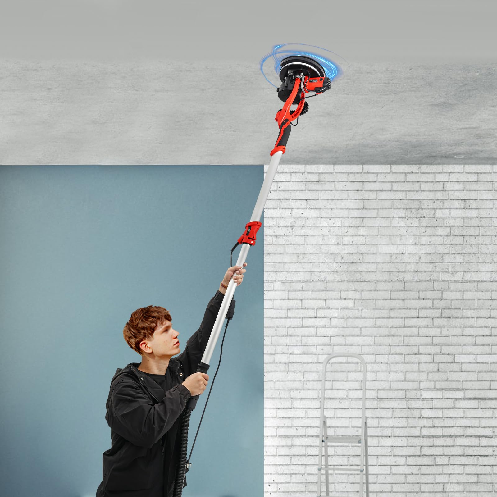 Lijadora para paneles de yeso, 800-1800 rpm, 6 velocidades, lijadora de pared ajustable, 1,2 – 2,2 m con disco de 255 mm, lazo LED, longitud, lijadora con aspiración, rojo