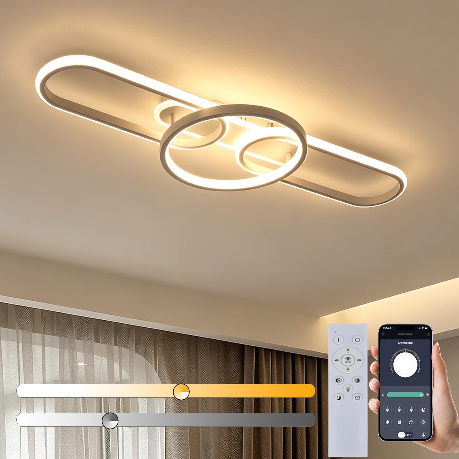 LED Deckenleuchte Dimmbar Wohnzimmer Deckenlampe Weiß Küchenlampe Schlafzimmerlampe Fernsteuerung und App Steuerung, Modern Deckenbeleuchtung mit Memory Funktion, L81cm 40W