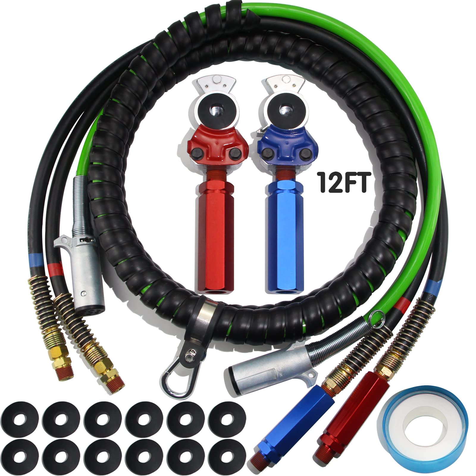 Photo 1 of iBroPrat 12FT Air Lines for Tractor Trailer, Air Hose for Semi Truck 3 in 1 ABS & Power Airlines Hose Wrap 7 Way Electrical Cable with 1 Pair Glad Hands 1 Pair Hex Grip 12pcs Seals and Teflon Tape 12FT 3in1 with 1 Glad hands,1 Grips,12 Seals